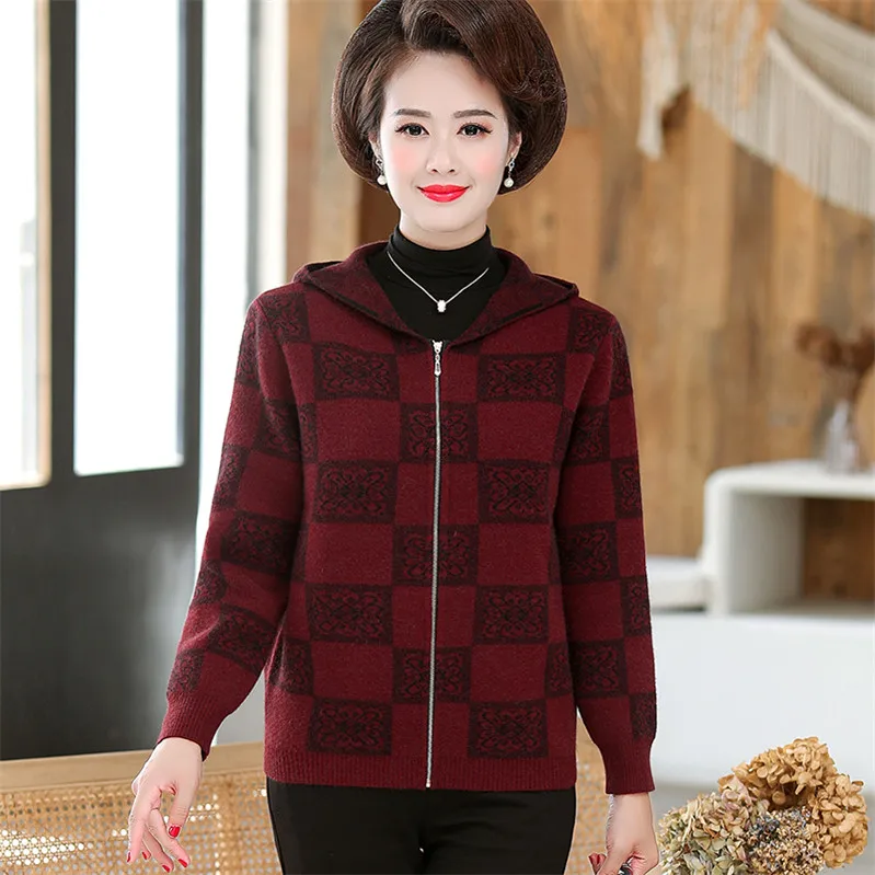 ASLTW Lattice Cardigan Coat New Autumn Winter Zipper Cardigan Women With Hooded Plus Size Outwear Knitted Sweater Women - Цвет: Бургундия