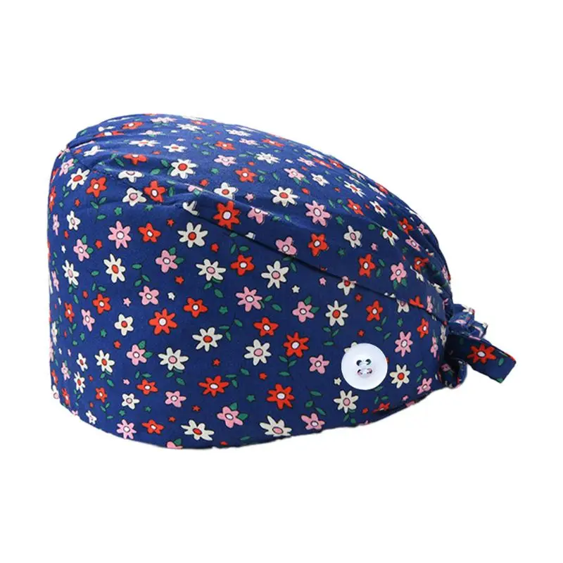 37 Colors Unisex Adjustable Working Scrub Cap with Protect Ears Button Electrocardiogram Embroidery Floral Print 