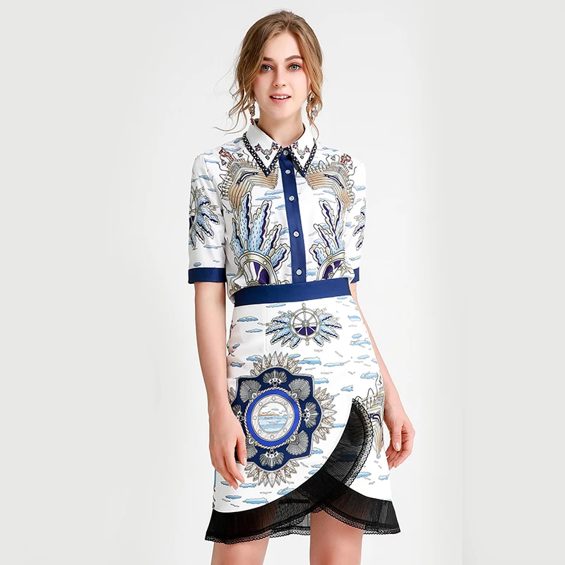

2019 Summer New Wave Women Beaded Short Sleeve Shirt + Waist Embossed Pleated Lace Half Skirt 2 Pieces set Print Suit Tide Skirt