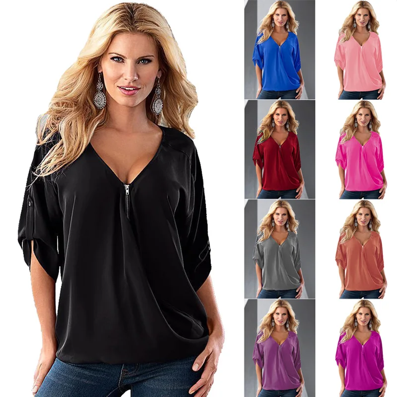 

Spring and Summer Women Chiffon Blouse Female V-neck Zipper Half Sleeve Loose Top Shirt Plus Size S-5XL