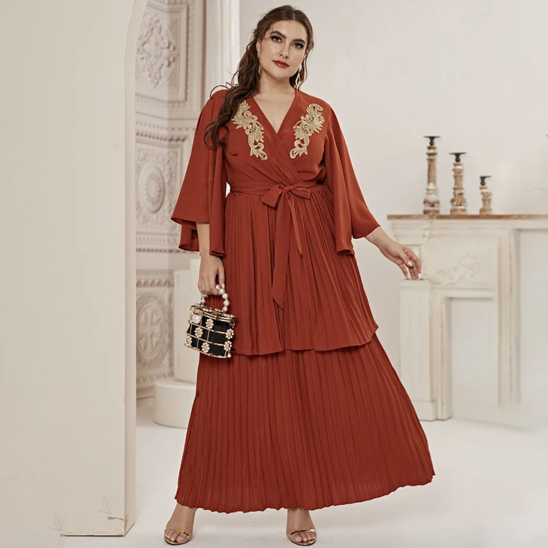 

Summer Autumn Long Dress Women Embroidery Dress Three Quarter Sleeve Large Oversized Pleated Ankle-Length Dress