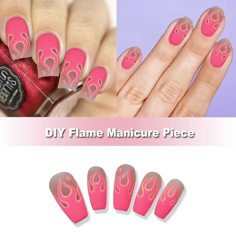 

10pcs/Set Nail Art Tips Flame Fire Pattern Matte Fake Nails Pre-design Short Full Cover False Nail Tips Finished Nails Art Tips