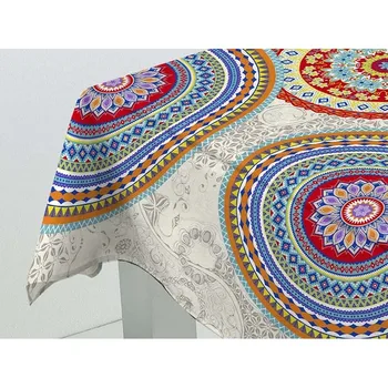 

Tablecloth Resinated Teflon stain repellent. Appearance Linen. Print undershirt Mandalas colores over fund Clear.
