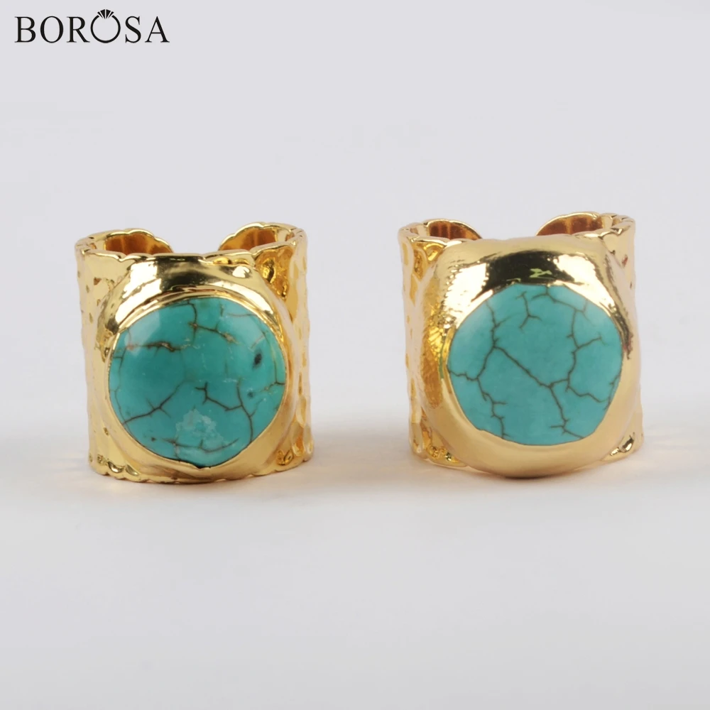 

BOROSA Design 10Pcs New Gold Plating Blue Howlites Women Rings Turquoises Ring Size 5~5.5 High Quality Gems Ring G1881