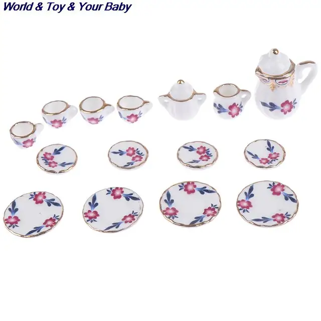 15Pcs 1:12 Miniature Porcelain Tea Cup Set Chintz Flower Tableware Kitchen Dollhouse Furniture Toys For Children 3