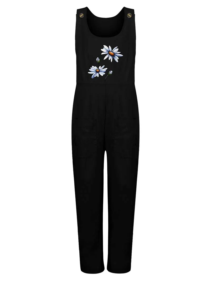 Womens Dungarees Print Rompers 2021 Summer New Ladies Casual Loose Linen Cotton Jumpsuit Sleeveless Pocket Overalls Playsuit