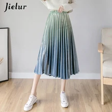 Jielur зима градиент цвет Женская плиссированная юбка корейская мода Золотой бархат женские юбки с высокой талией Элегантные ретро Длинные подол s-xl