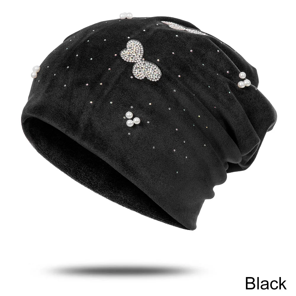IWINTENew зимняя женская шапка бархатная теплая Skullies Beanies Женская Повседневная яркая перламутровая шапка роскошная женская шапка - Цвет: black C
