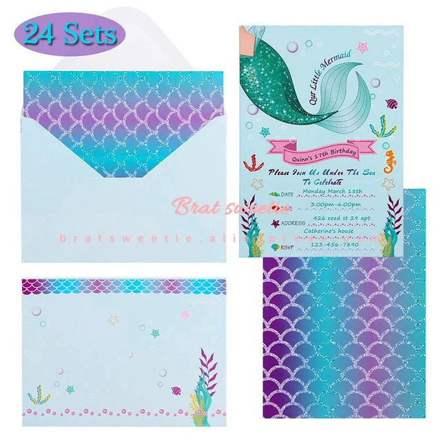 Carte d'invitation en papier sirène sous la mer, fournitures de fête,  faveurs pour enfants, anniversaire