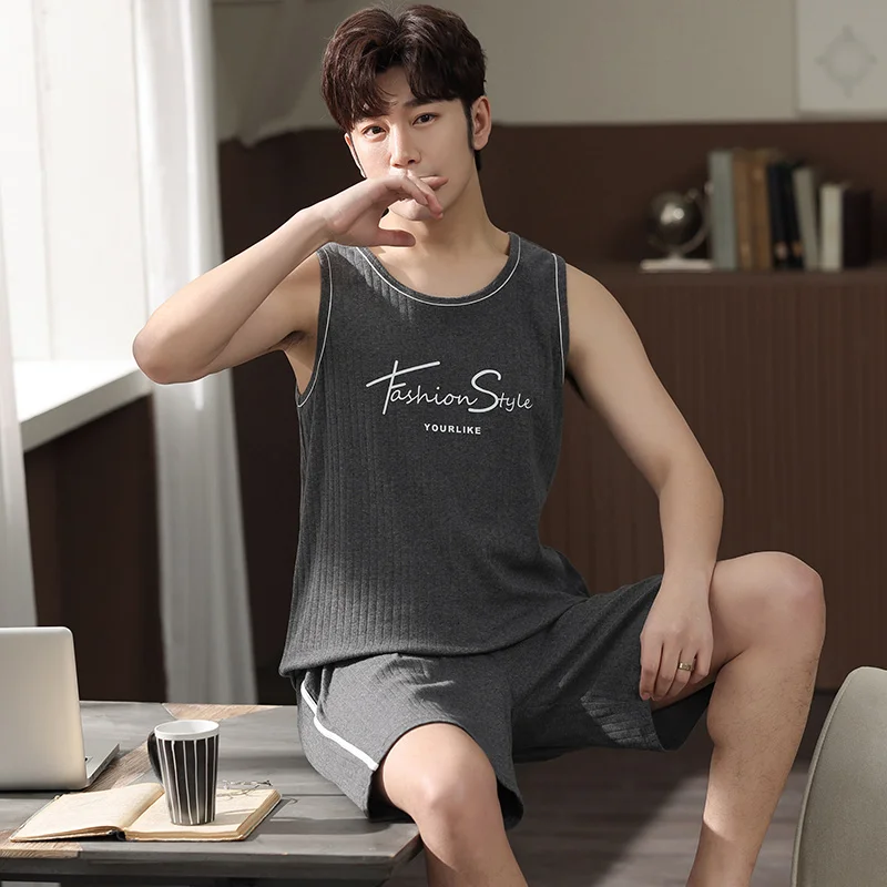 Men's Pajamas Set Summer Thin Cotton Male Pajamas Sets Vest Sleepwear Sleeveless Tops + Shorts 2pcs/set L-XXXXL