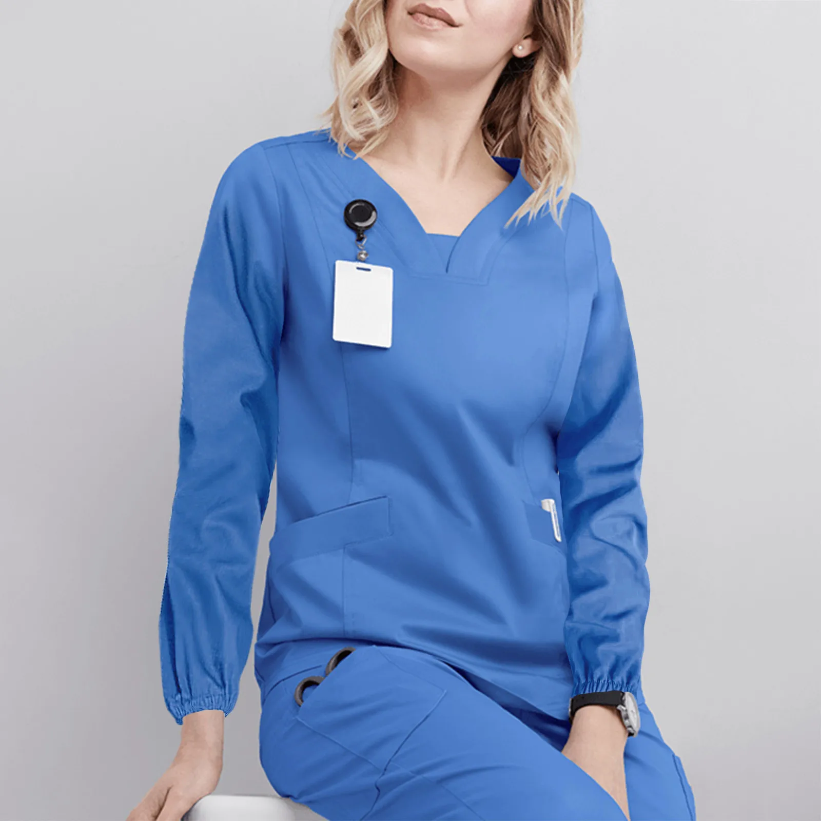 Women's Nursing Uniform Tops Long Sleeve V-neck Pocket Care Workers T-shirt With Pocket Solid Color Healthcare Workwear Uniform nurse scrubs top working uniform blouse