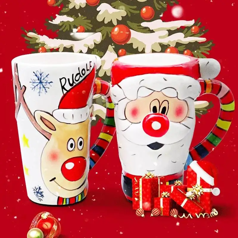 1pc 600ml Cartoon Santa Claus Elk Ceramic Mug with Stainless Steel Spoon Hand Painted Ceramic Breakfast Cup Christmas Gift