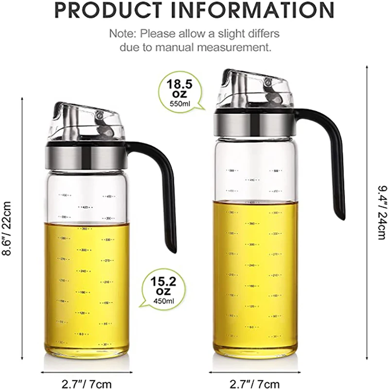 Large Olive Oil Dispenser Bottle Auto Flip Condiment Container Automatic Cap and Leakproof Vinegar Glass Cruet