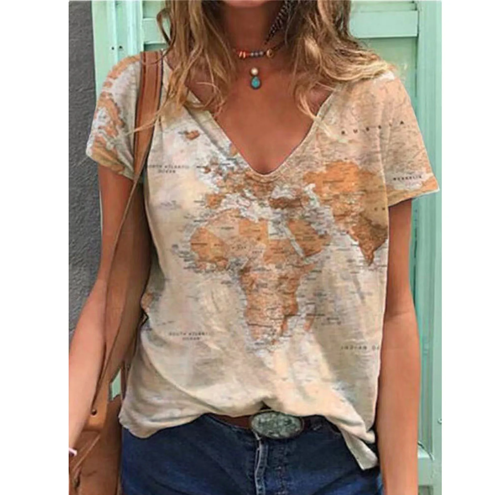 Graphic T-Shirt For Women Digital Map Printing V-Neck Stripe Loose Short Sleeve T-Shirt Tops Harajuku T Shirt camisetas de mujer 2