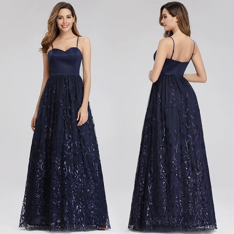

Shining Evening Dresses Navy Blue A-Line Women Party Gowns R197 Sexy Boat Neck Robe De Soiree Spaghetti Strap Elegant Vestidos