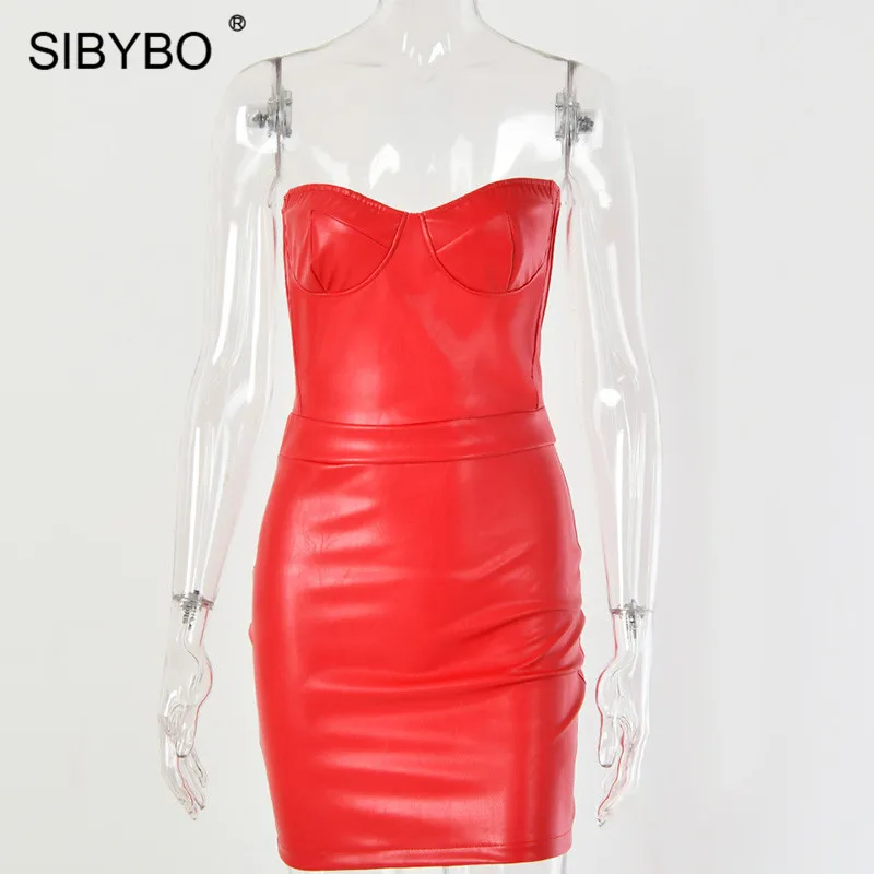 SIBYBO, сексуальное женское платье из искусственной кожи с открытыми плечами, без бретелек, без рукавов, мини, летнее платье, однотонное, с открытой спиной, Клубные, вечерние, короткое - Цвет: Красный