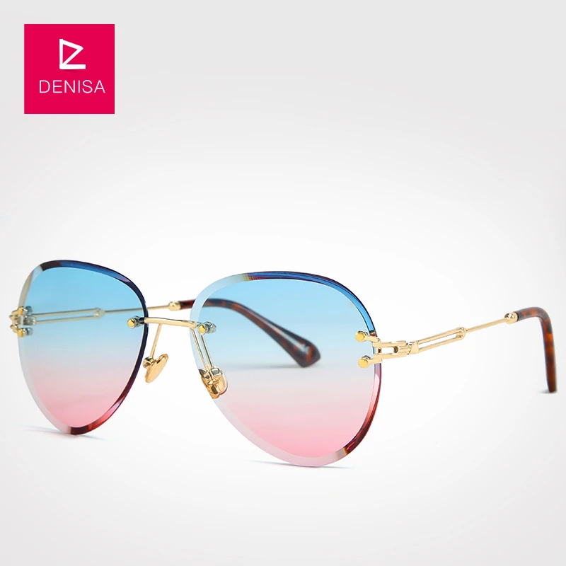 Blue-Pink Sunglasses DENISA, модные, синие, без оправы, солнцезащитные очки для женщин,, уф400, роскошные, авиационные, для девушек, солнцезащитные очки, оттенки, zonnebril dames G18475 - Цвет линз: Blue-Pink Sunglasses
