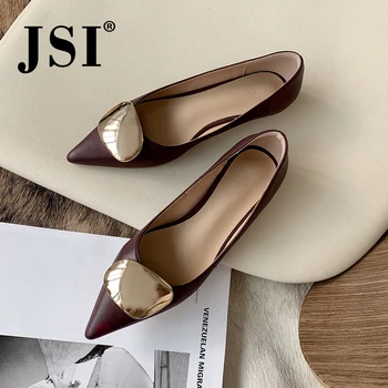 

JSI Office Shallow Women Flats High Quality Cow Leather Metal Decoration Slip-On Pointed Toe Shoes Solid Comfortable Flats JO501