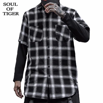 

SOUL OF TIGER 2020 New Spring Korean Fashion Style Men Loose Tops Male Plaid Printed Shirts Casual Punk Cotton Blouses Plus Size