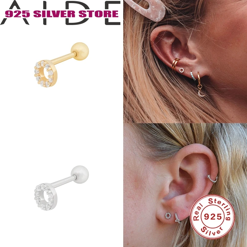 

Aide 925 sterling silver Stud Earrings O-shaped diamond pierced cartilage earrings in sterling silver Earrings New Earrings