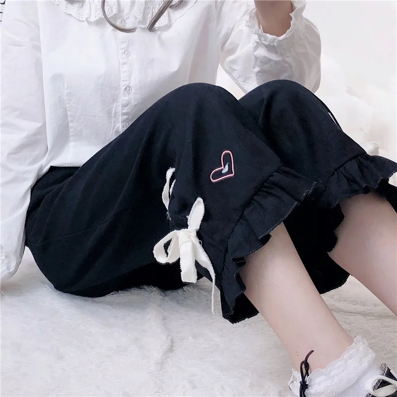 Женские брюки в корейском японском стиле Harajuku Ulzzang, повседневные свободные штаны с сердечками, женские милые штаны в японском стиле Харадзюку для женщин