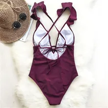 Бордовый слитный купальник для женщин с рюшами и v-образным вырезом на спине, монокини, пляжные купальные костюмы для девочек, женский купальник бикини