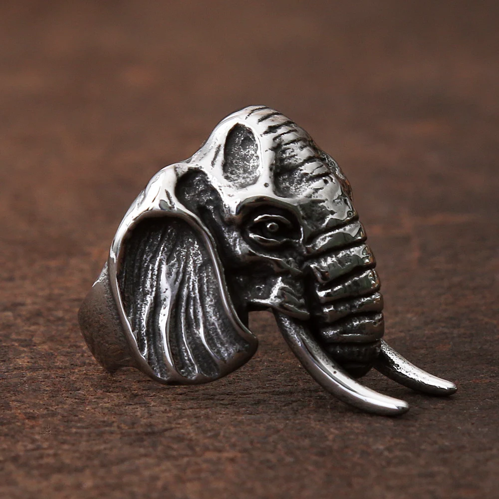PAMTIER Men's Stainless Steel Elephant Ring - Vintage Silver/Black, Sizes 7-13