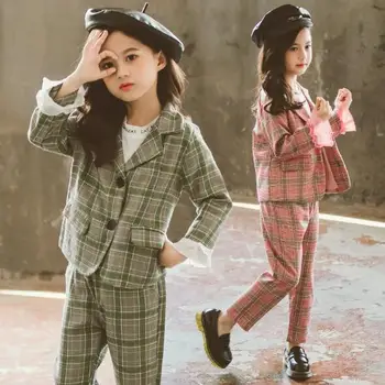 

Girls Clothes Suit Autumn Fashion Plaid Clothing Set For Kids Children 6 8 12 Years Jackets+Pants 2PCS Outfits For Teenage Girls