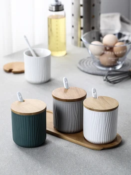

Ceramic Spice Jar Bamboo Lid with Spoon Serving Wooden Tray Sugar Pot Container Salt Pepper Set Porcelain Condiment Jar Kitchen