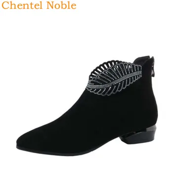 

Tree Leaf Crystal Women Black Color Luxurious Pointed Toe low Heel Booties Female Martin Boots Female Behind Heel Zipper Boot