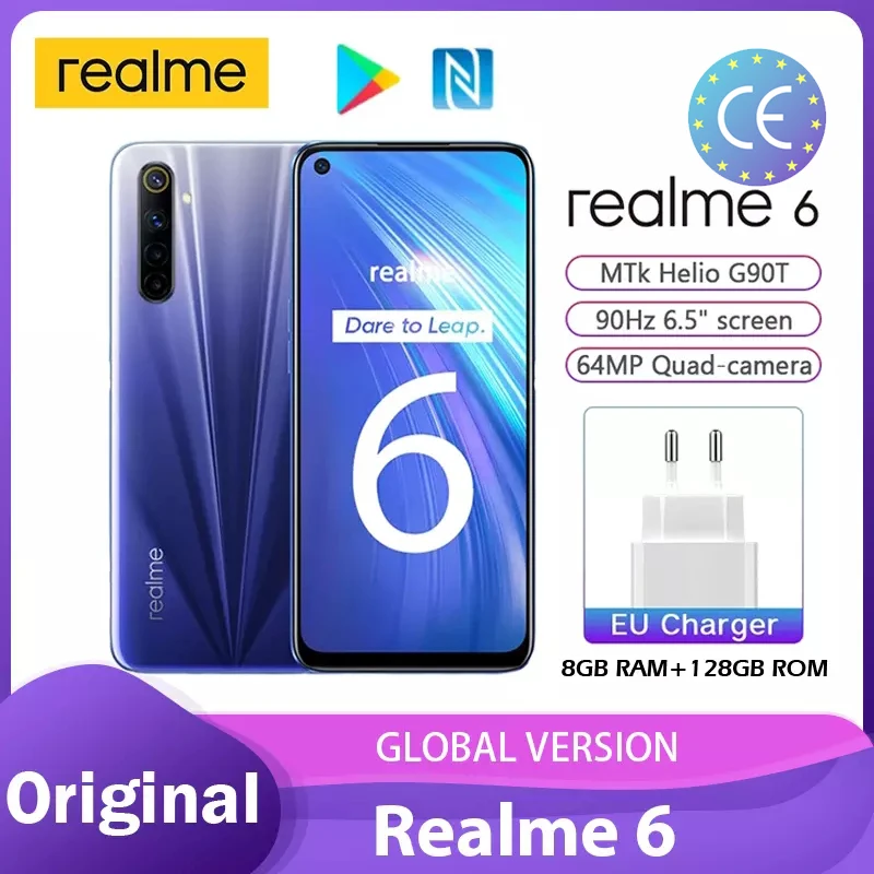 Verdadero yo 6 Play Store NFC 4GB 128GB versión Global Helio G90T 6,5 90Hz pantalla 30W carga de Flash 4300mAh 64MP Cam смартфоны телефо