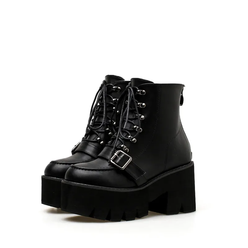 Women Ankle Boots Lace-Up Round Toe Sweet Cross-Tied Square High Heels Martin Motorcycle Rubber Shoes