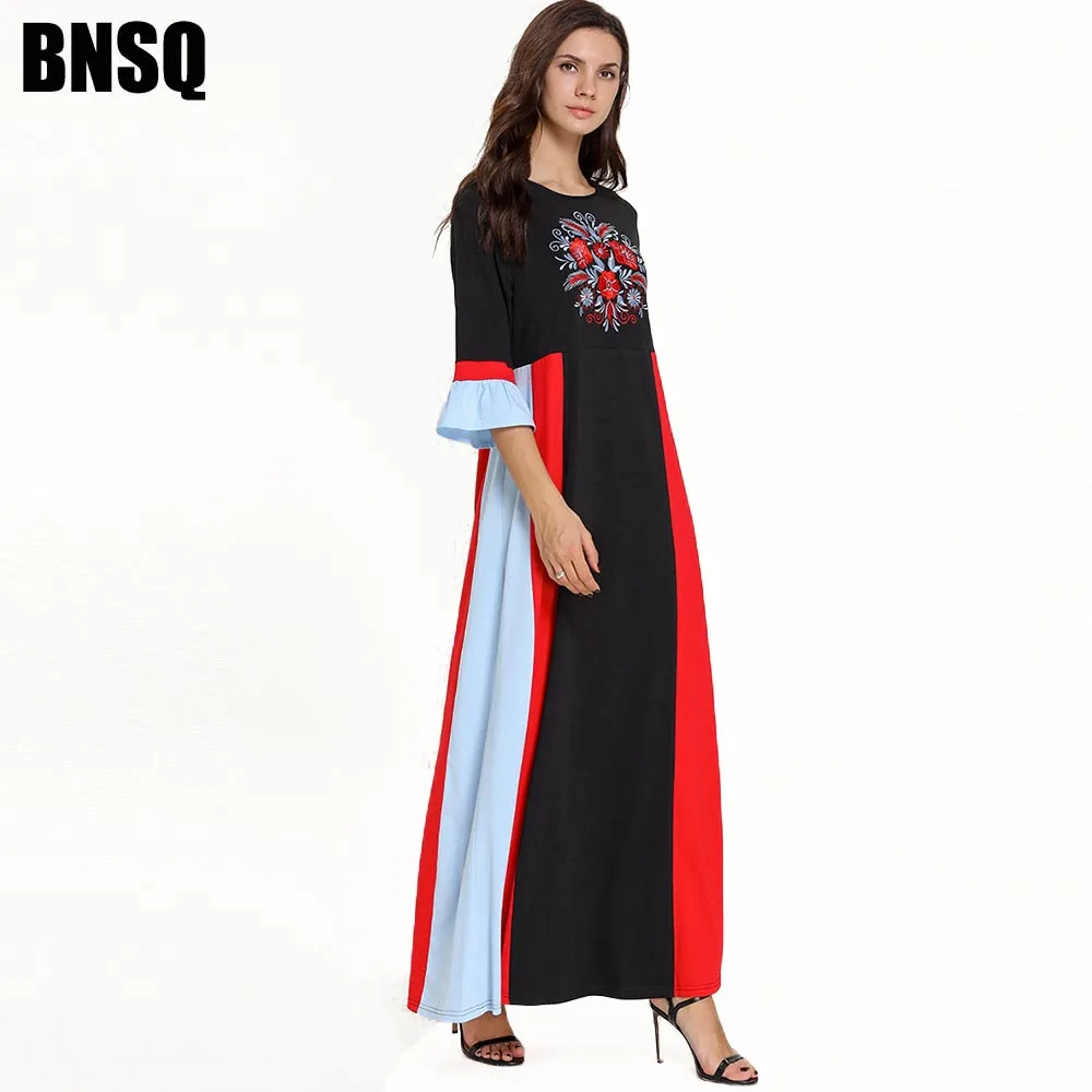 BNSQ женское вышитое длинное платье гофрированное с коротким рукавом летнее модное контрастная прошивка abaya