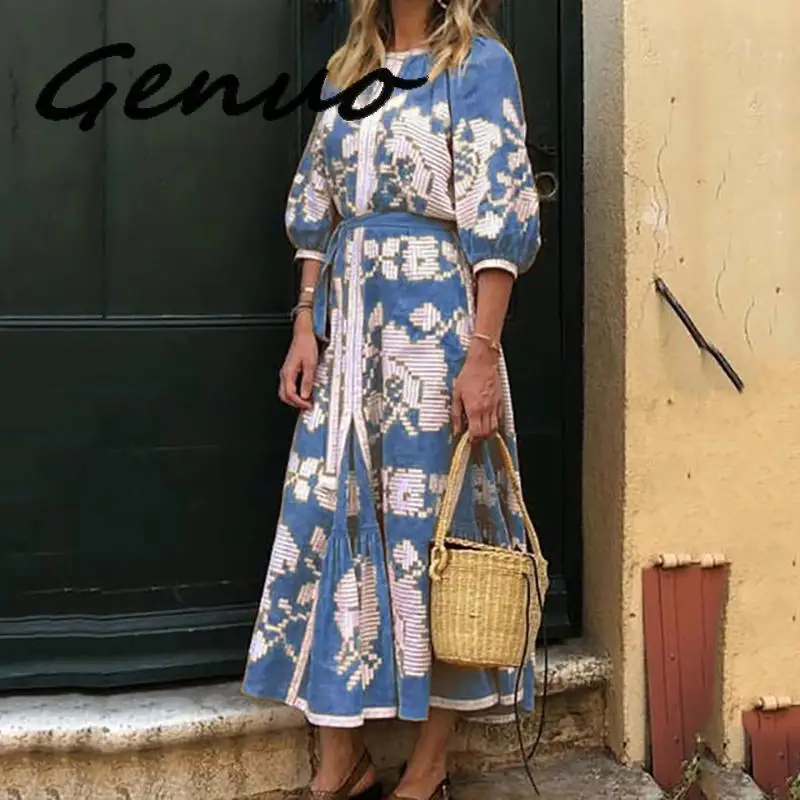Genuo, новинка, женское сексуальное богемное пляжное платье, Ретро стиль, половина рукава, миди, подиумное платье, элегантные готические вечерние платья, весна-осень