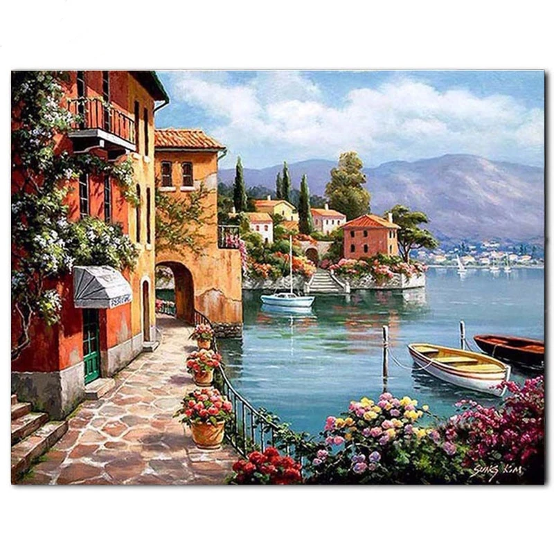 

Full round square Diamond embroidery 5d DIY diamond painting italy Cross stitch Seascape 3d Diamond mosaic Water town Scenery