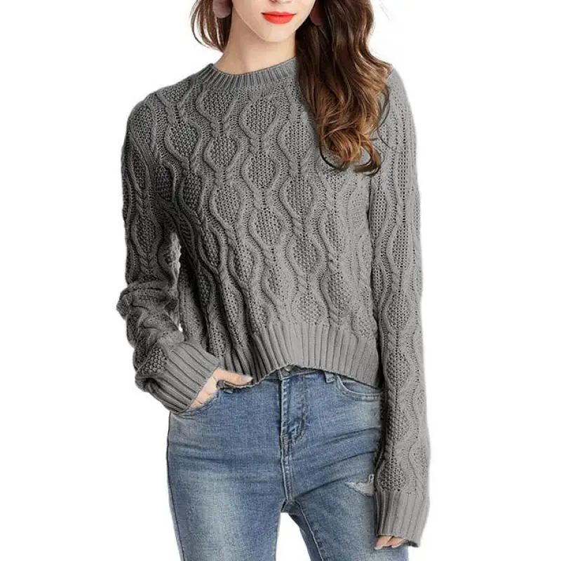Spring Casual Knitted Solid Color Pullover O Neck Patchwork Long Sleeve Loose Women Short Sweater JL-YH025 | Женская одежда
