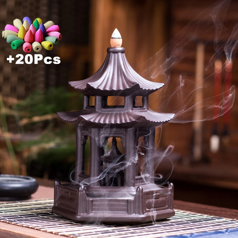 +20pcs Incense Cones Purple Clay Pagoda Backflow Incense Burner Zen Monk Lucky Feng Shui Home