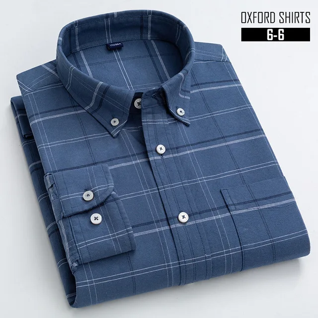S- 6XL Oxford Shirts For Mens Long Sleeve Cotton Casual Dress Shirts Male Solid Plaid Chest Pocket Regular-Fit Man Social Shirt 6-6