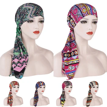 

Vintage Muslim Women Turban Hat Hijab Floral Printed Stretch Chemo Caps Head Scarf Headwear Head Wrap Long Tail Bonnet Turbantes