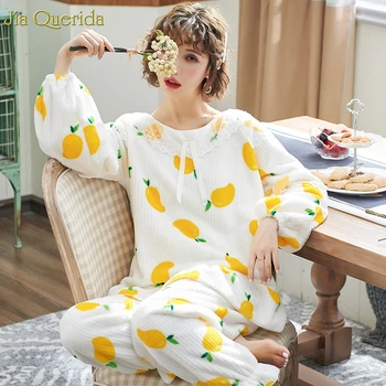 

Kawaii Pjs Mango Printing New Flannel Winter Home Suits Lantern Sleeves Girl's Bow Tie Collar Lace Embellished Pajamas Set Women