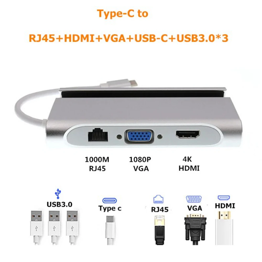 7 в 1 Тип C конвертер Тип C к USB3.0 адаптер HDMI VGA концентратор RJ45 для ПК MacBook для проектора для huawei samsung