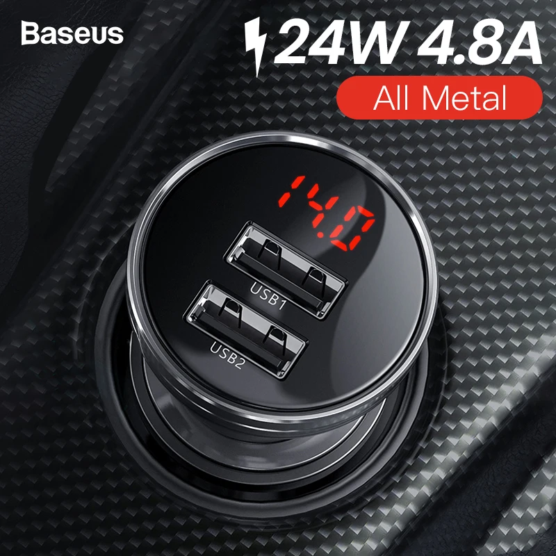 Автомобильное зарядное устройство Baseus с двумя металлическими usb-портами, 24 Вт, 4,8 А, быстрое автомобильное usb-зарядное устройство, светодиодный автомобильный адаптер для зарядки iPhone, Xiaomi, мобильный телефон