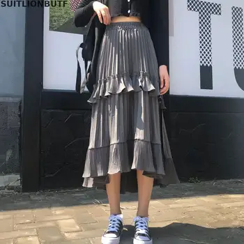 

Suitlionbutf Summer Autumn Pleated Skirt Womens High Waist Skirt Ruffles Long Skirts New Fashion Korean Cupcake Skirt Female