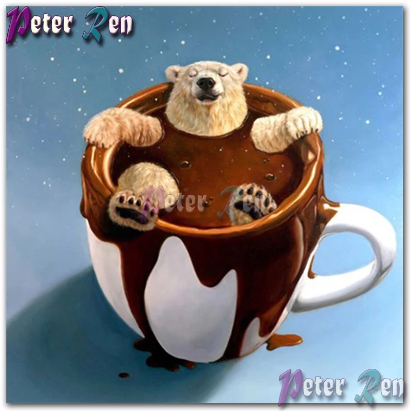 

animal 5d Diamond Painting Embroider Polar bear in round tea cupy Square or round Mosaic Cross stitch Rhinestone Home Decoration
