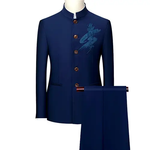 Men's White Single Breasted Stand Up Collar Suit 2-Piece, Chinese Style Red Slim-Fit Blazer Coat and Pants, Black, Blue, Yellow. - Image 8