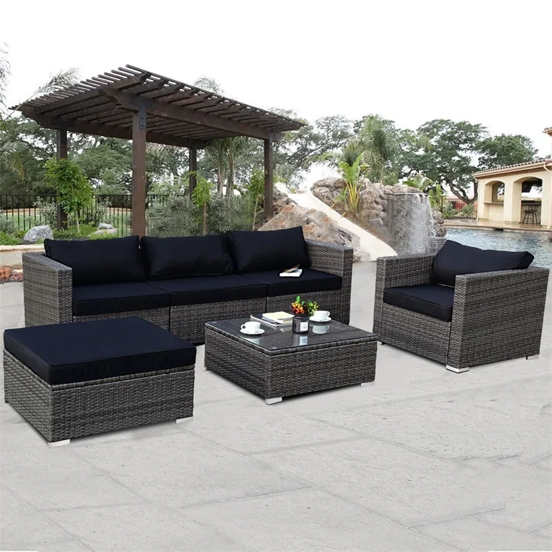 6 Pcs Patio Rattan Wicker Sectional Furniture Set W Black Cushion Outdoor Garden Furniture Sets Hw59185 Aliexpress