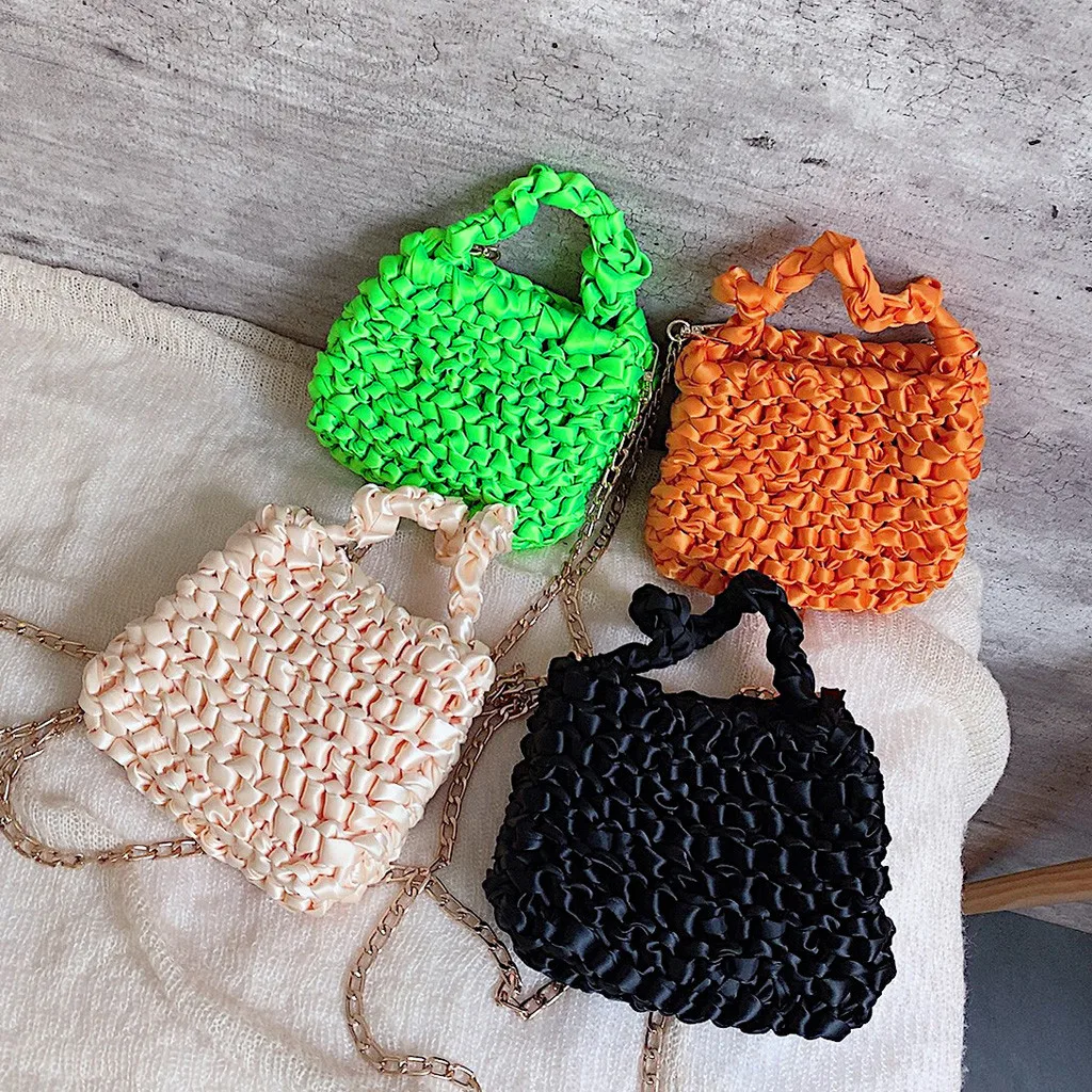 

Stylish Mini Knitted Messenger Bags Women's Weave Totes Small Crossbody Bag With Chain Handbag Girls Party Casual Shoulder Bag
