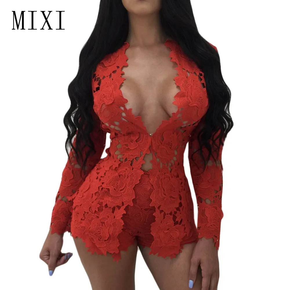 Red MIXI осенний Элегантный цветочный кружевной комбинезон с длинными рукавами, с вырезами, обтягивающий короткий сексуальный комбинезон для женщин - Цвет: Red