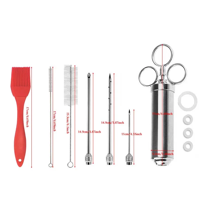 2 Ounce Capacity with 6 Needles Silicone Brush Stainless Steel BBQ Injector Syringe, Marinade Meat Injector