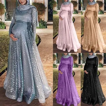 

Muslim Long Sleeve Pregnant Dress Women Digital Printed Double Layers Floor-length Maternity Dresses Plus Size Loose Pregnancy
